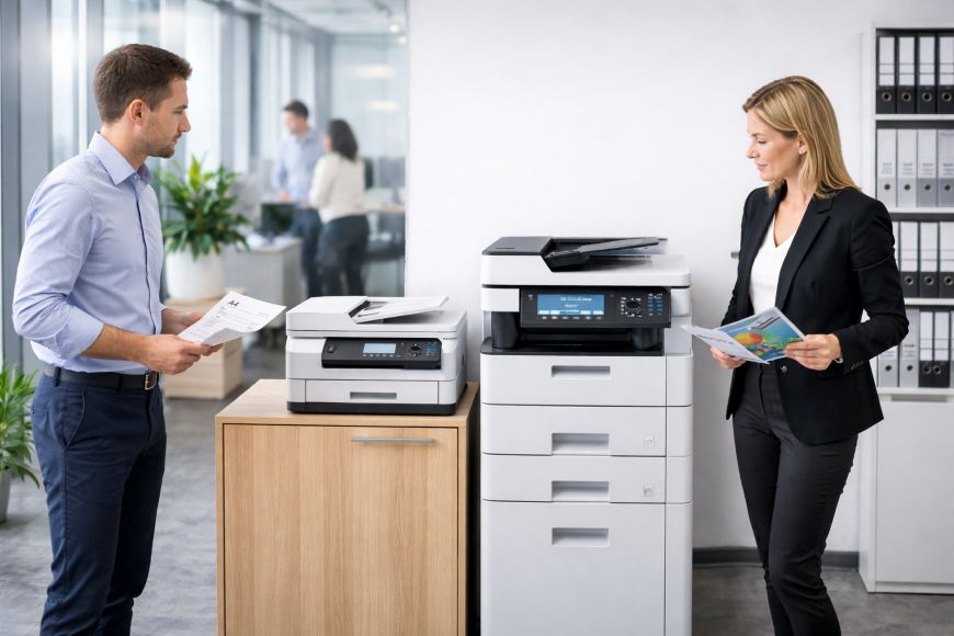 Comparaison entre une imprimante A4 compacte et un photocopieur A3 professionnel dans un bureau d’entreprise.