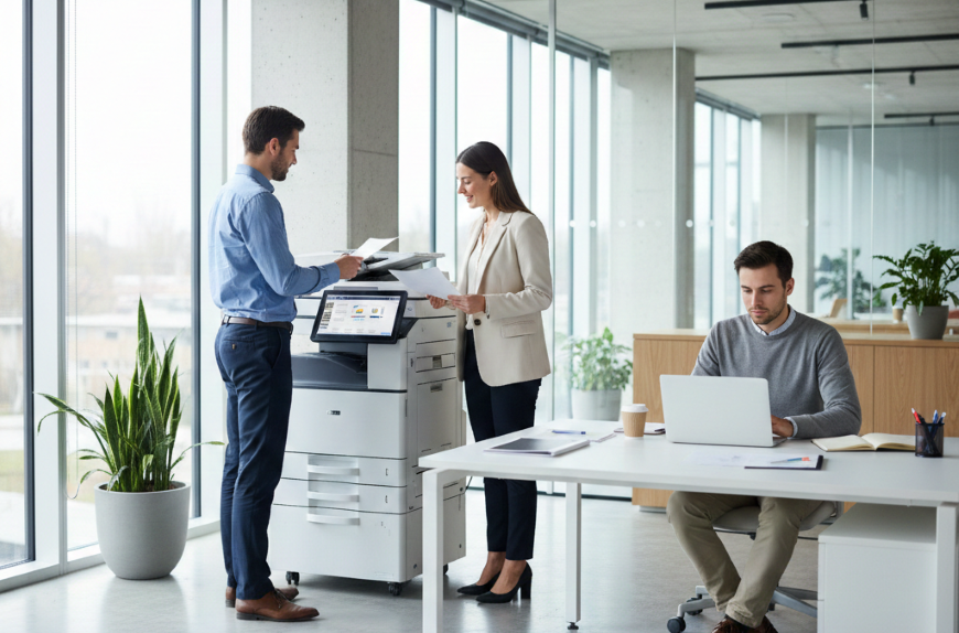 Photocopieur connecté multifonction en environnement professionnel, utilisé par une équipe en entreprise