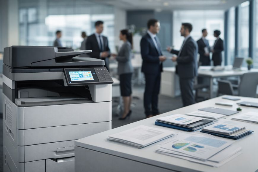 Photocopieur multifonction professionnel A3 dans un environnement d’entreprise multisite, avec collaborateurs en arrière-plan, illustrant la gestion documentaire, la sécurité et la performance en grand groupe.